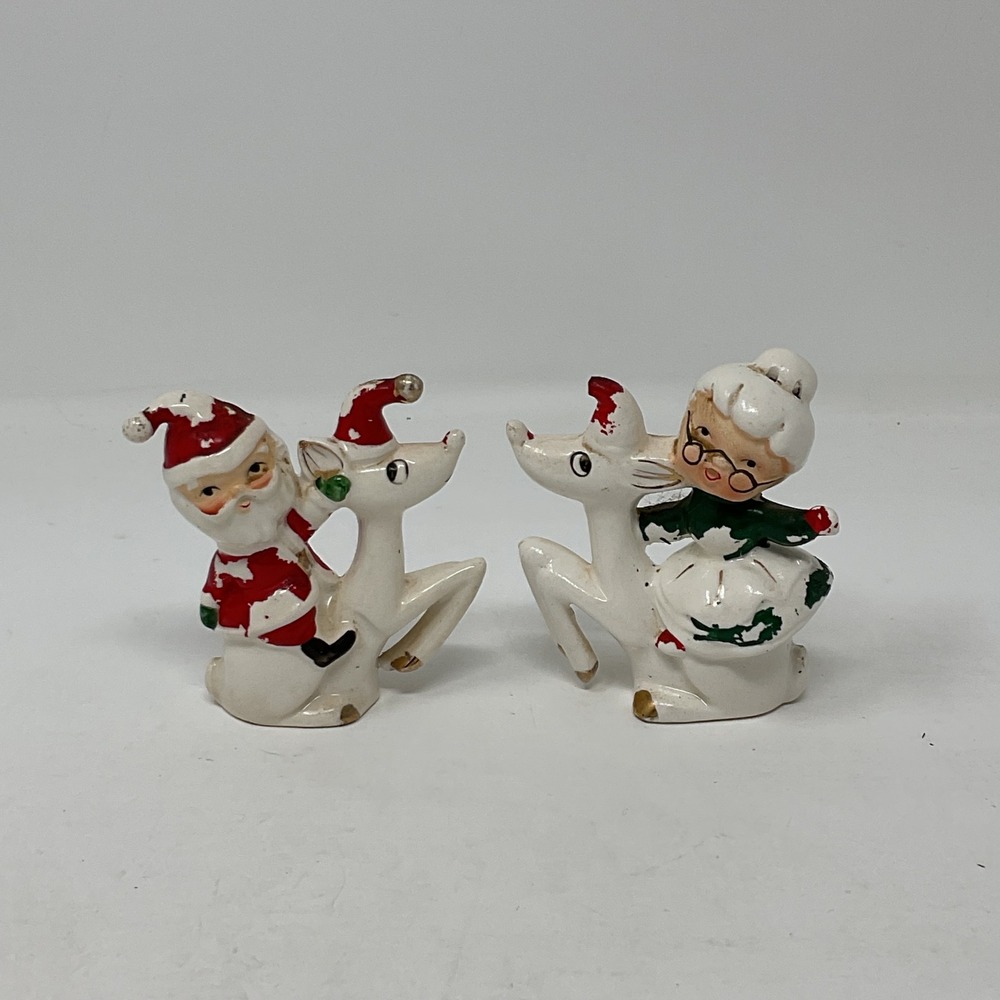 Vintage Santa and Mrs Claus Riding Reindeer Salt & Pepper Shakers Christmas MCM